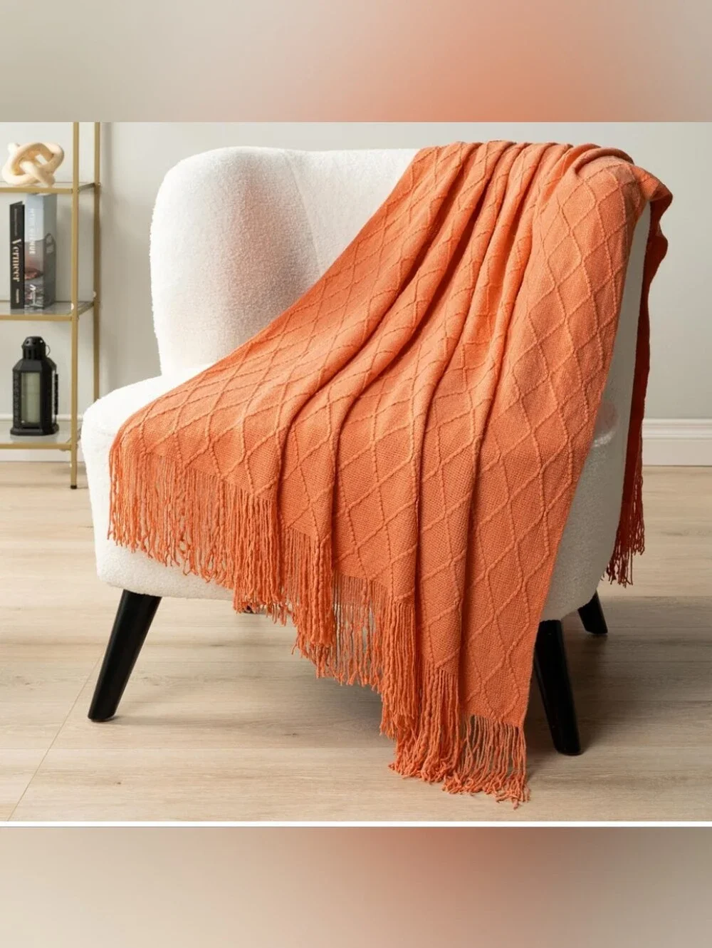 Diamond Knitted washable Fringe Throw Blanket - Coral 50x60